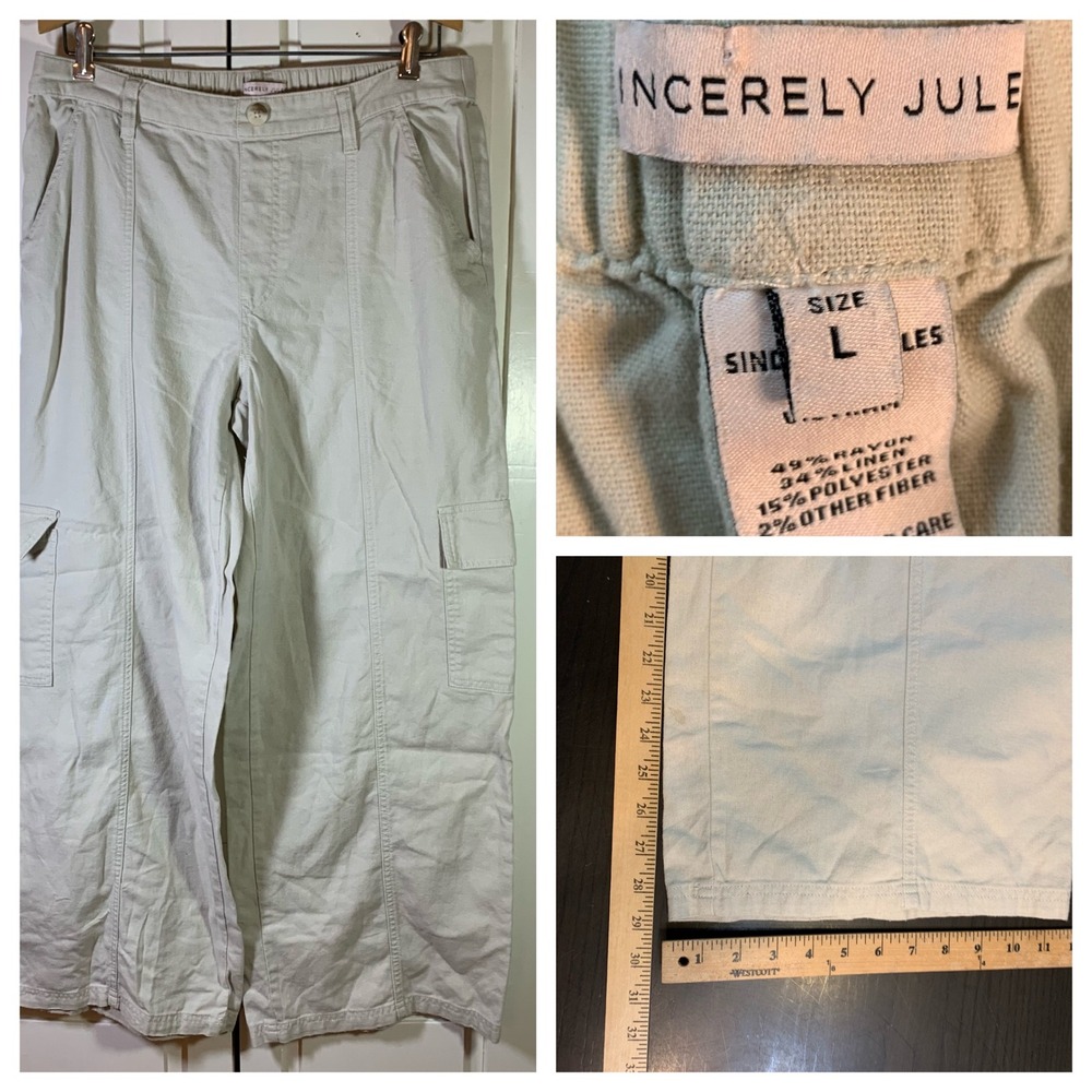 Sincerely Jules‎ Women Linen Blend Wide Leg Cargo Pants Beige Sz L Beachy Resort